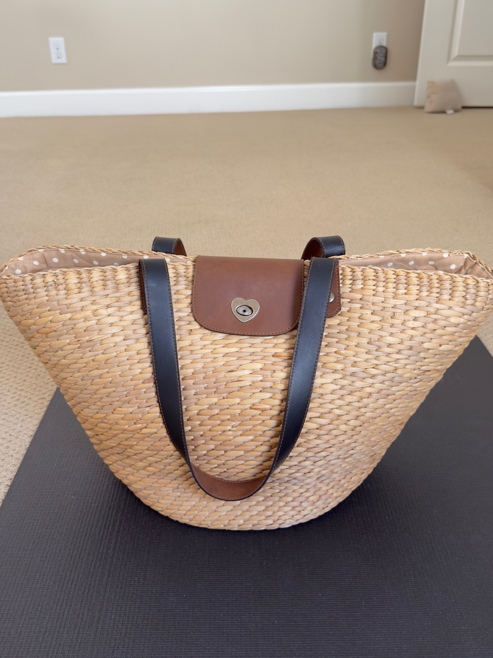 Large raffia Tote Bag with Brown Trim and Black Handles